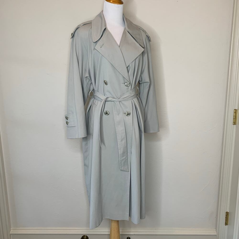 Flowy Vintage Trench Coat Gray Green Color Sz 8 Tie Waist
